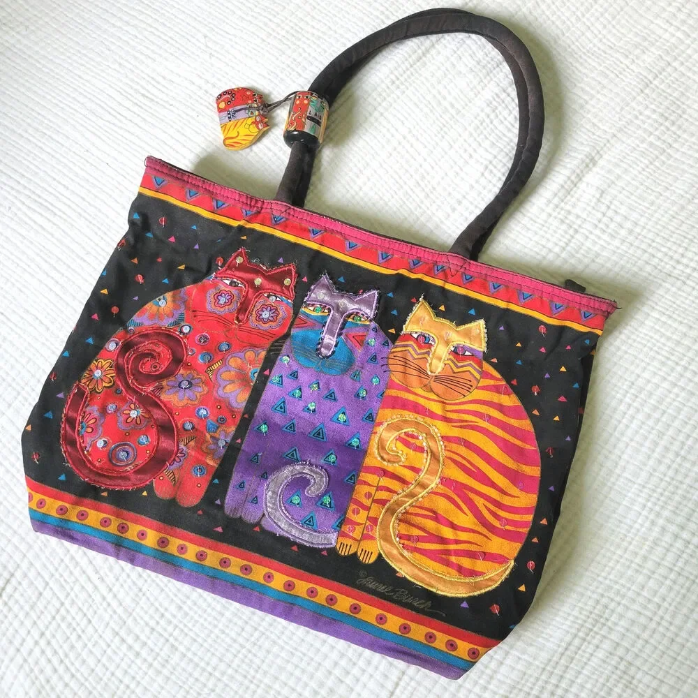 Vintage Y2K Laurel Burch Tote Bag Cats Bright Sequins Beaded 90s Artsy Colorful